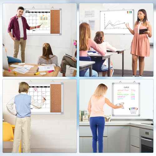 Calendar Whiteboard for Wall, 24" x 18" Double Sided Monthly Dry Erase Board Calendar for Office, Home, School, Hanging Cork Board White Board Combo, Portable Magnetic Dry Erase Planner Board
