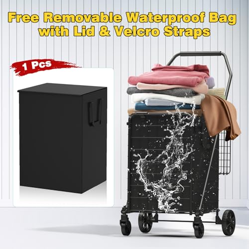 Folding Shopping Cart with 360¡Æ Rolling Swivel Wheels - Foldable Grocery Cart with Double Basket & Waterproof Liner, Portable Heavy Duty Utility Carts for Laundry