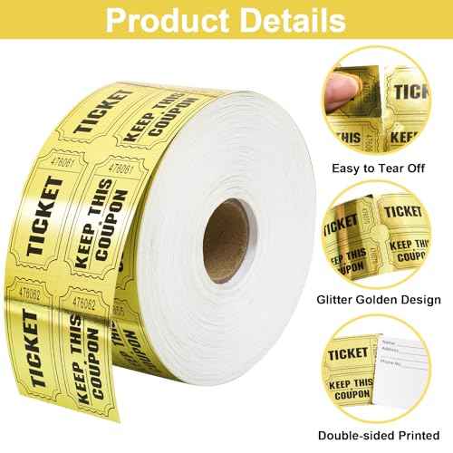 ceiba tree 1000 Raffle Tickets Gold Double Roll Metallic Gold Foil Ticket for Events Carnivals Entry Class Reward Prizes