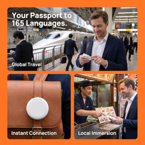 Portable AI Language Translator Device 165 Languages, Wearable Compact Gray 2.87" x 2.87" x 0.57"