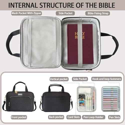 Bible Cover for Women Bible Case, Large Bible Bag, Bible Study Supplies Bible Journaling Kit Book Carrying Case with Bible Highlighters Tabs, Valentines Day Christian Gifts for Women (Black)