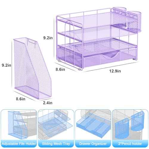 gianotter Desk Organizers and Accessories with File Holder, 4-Tier Desk Accessories & Workspace Organizers with Drawer and 2 Pen Holder, Paper Organizer for Office Supplies (Purple)