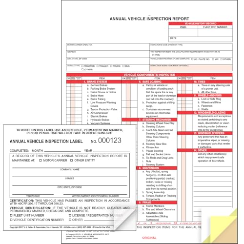 J. J. Keller Annual Vehicle Inspection Report & 50-Pack Labels, 8.5 x 11.75"