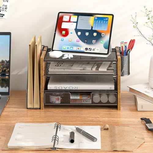 Wooden Desk Organizers and Accessories with File Holder, 4-Tier Paper File Organizer with Drawer & 2 Pen Holders, Office Desk Accessories, Desktop Organizer and Storage for Home Office