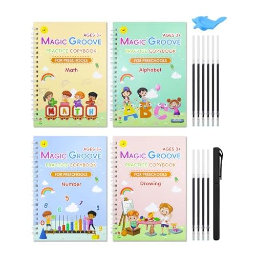 Magic Practice Copybook, Reusable Writing Practice Book, Handwriting Aid for Preschool Kids Age 3-8 (4 Books with Pens)
