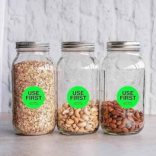 1.5 Inch USE First Stickers Food Service Inventory Control Labels Trilingual Product Labels Fluorescence Green - 500 Stickers Per Roll (10 Rolls)