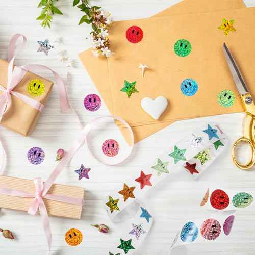 1000PCS Smiling Glitter Stickers, 1inch, 10 Colored Sparkly Foil Happy Stickers, Rewarding Student Behaviour, School Classroom Teacher