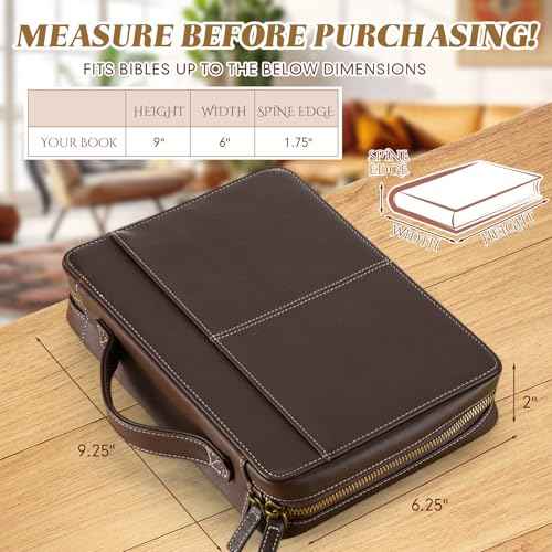 Top Grain Leather Bible Cover for Men Women Buffalo Genuine Leather Bible Case Book Holder Bag with Zipper Handle Back Pocket Bookmark Father's Day Religious Gift(Dark Brown,Medium,Classic)