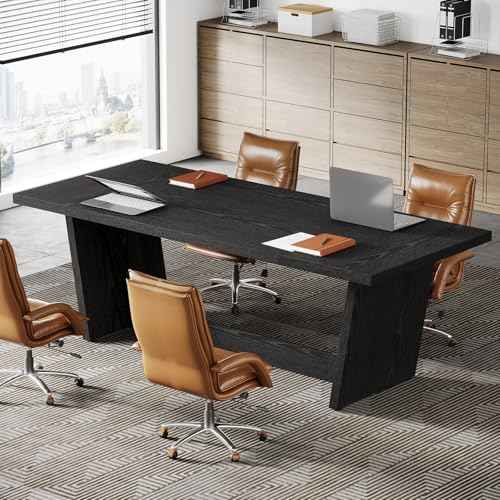 Tribesigns 6FT Conference Table, 71¡± Rectangular Executive Meeting Table for Office, Large Sturdy Business Desk with Solid Wooden Pedestal, Industrial Seminar Table, Black