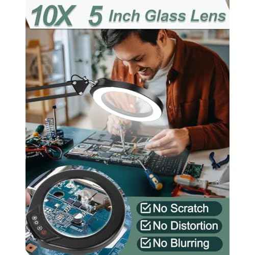 Veemagni 10X Large Magnifying Glass with Light and Clamp, 5 Inch Real Glass Stand Magnifying Desk Lamp, 5 Color Modes Stepless Dimmable, Hands Free LED Lighted Magnifier for Crafts Reading Close Work