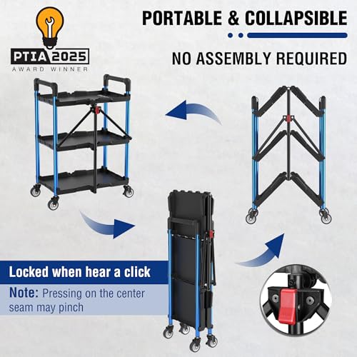 WORKPRO 3-Tier Collapsible Utility Cart Black Blue 210 LBS with Wheels