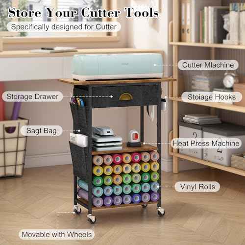 Craft Organizers and Storage Cart: Craft Room Cart for Organizing Cutting Accessories and Machine, Vinyl Roll Storage and Organization Holder, Heat Press Stand Table with Wheels