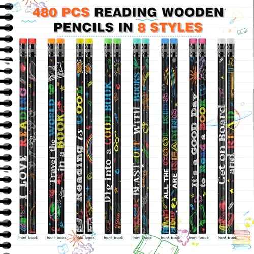 Pasimy 480 Pcs Reading Motivational Pencils Bulk Black Novelty Wooden Pencils with Eraser Classroom Inspirational Pen with Sayings for Kids Student Teacher School Reward Gifts Stationery Party