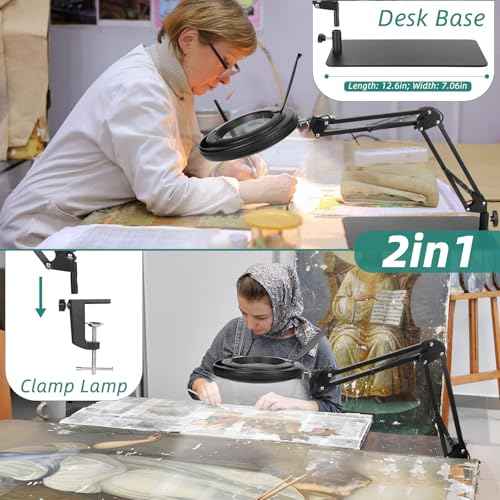 10X Magnifying Glass with Light and Stand, Head Button Control Magnifier Lamp with Dust Cover, 5 Color Modes Dimmable LED Lighted Magnifier with Clamp & Base for Painting Craft Close Work