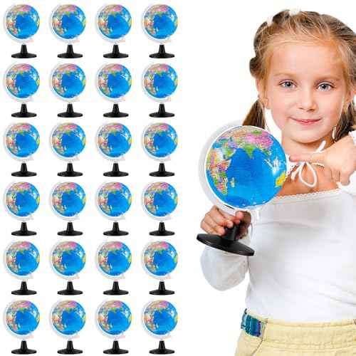 Henoyso 24 Pcs Mini World Globes for Kids Learning 3.4 Inches Rotating World Map Earth Globes Bulk with Stand for Classroom Table Decor Desk Centerpieces Decorative Geography Education, Blue