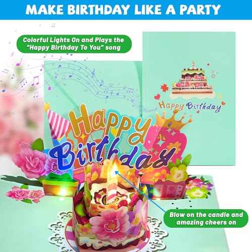 3D Pop Up Birthday Card with Blow-Out Candle, Music & LED Lights ? Interactive Birthday Greeting Card with Cake and Flowers ? Unique Gift for Women, Men, Kids, Mom, Dad, Friends