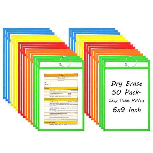 50 Pack 6x9 Inch Shop Ticket Holders - 5 Assorted Colors Dry Erase Pocket Sleeves with 5 Rings for Industrial Shop Ticket & Office