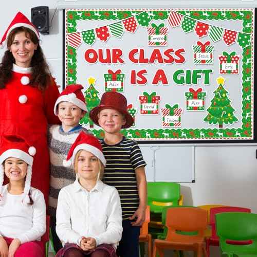 Christmas Bulletin Board Decoration Set Xmas Gift Boxes Borders Cutouts for Party School Classroom Door Welcome Bulletin Board Craft Home Wall (Our Class is a Gift)
