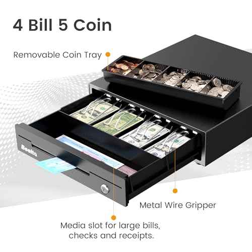 13" Cash Rigister Drawer for Small Business, 4 Bill/5 Coin with Check Slot, Steel Construction, Works with POS (Includes Keys & RJ11/12Cable) - BK1313E