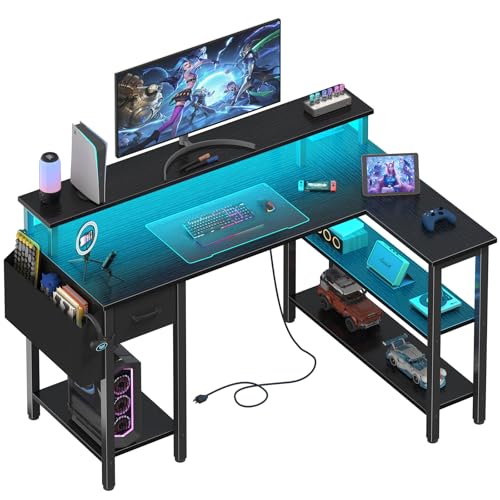 Lufeiya L Shaped Gaming Desk with Fabric Drawers and Storage Shelves, 47 inch Home Office Desk with Monitor Stand, Computer Desk with LED Lights and Power Outlets, Black