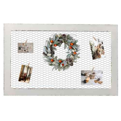 SOFE Chicken Wire White Framed Bulletin Boards for Walls, Wooden Grid Shelf for Jewelry Organizer, Decorative Notice Memo Board or Vision Board, Hanging Photo Display Board for Home Office Wedding