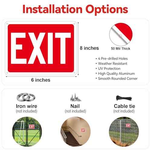 (2 Pack) Exit Signs, Aluminum Exit Sign with Red Background, Exit Sign for Door and Wall Mount - High Visibility Reflective Safety Signs, Easy to Install (Red Exit Signs, 8 x 6 inches Small)