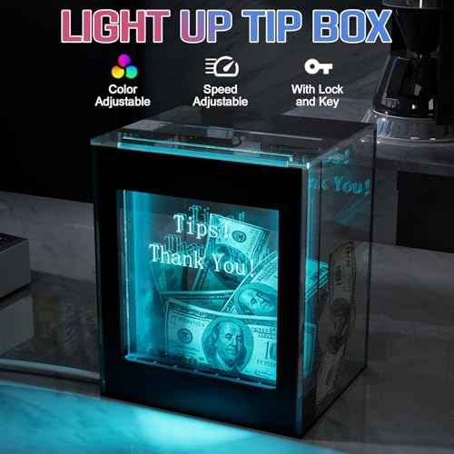 Lighted Up Tip Jar for Money with Lock and LED Light Acrylic Donation Box with Sign Holder ''Tips! Thank You!'' USB Powered Suggestion Box for Bartender Band Coffee Shop Restaurant
