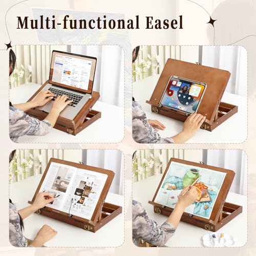 A3 Tabletop Easel for Painting with Page Clips and Strap, Desktop Art Easel, Adjustable from 0¡Æ to 90, Indoor Outdoor, Wooden Drawing Board for Sketching, Book, Diamond Art for Students, Beginner