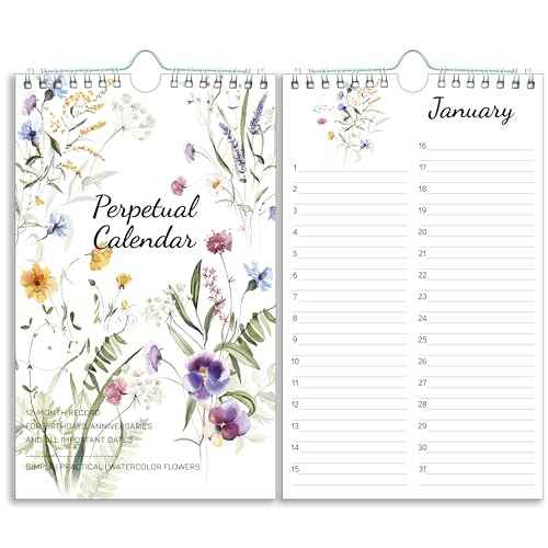 Perpetual Calendar ? Undated Calendar 12-Month for Birthday, Anniversaries, Important Days, Festivals Reminder, 6'' x 10'' with 2 Lines Per Days, Twin-wire Binding, Thicker Paper, Minimalist Flowers