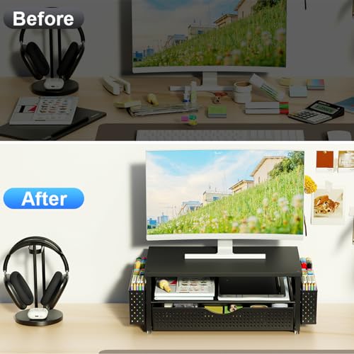 Spacrea Black Computer Monitor Stand with Drawer & Pen Holders - Space Saving Desk Organizer