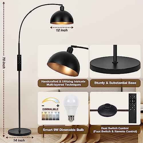 ¡¼Upgraded¡½Black Arc Floor Lamps for Living Room - Dimmable Arched Floor Lamp with Remote Control & 2700-6000K 9W LED Bulb Included, Modern Arch Standing lamp, Industrial Tall Lamp for Bedroom Reading