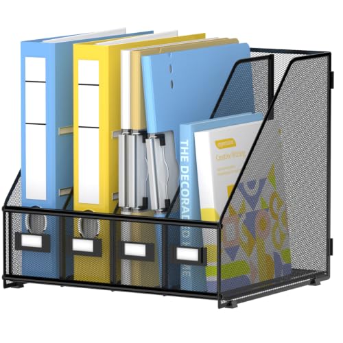 JMHUD Black 4 Vertical Compartments Magazine File Holder Metal Organizer