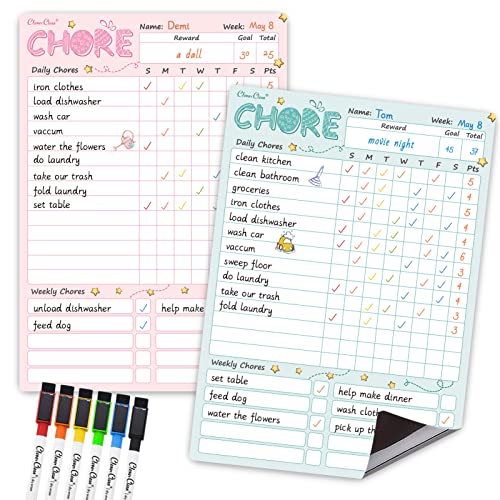 Clever Clean Magnetic Dry Erase Chore Chart Set for Kids & Teens - Blue & Pink, 8.5x12 inches with 6 Markers