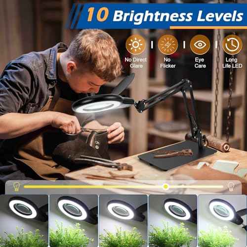 10X Magnifying Glass with Light and Stand, Magnifier with Light Hands Free, Lighted LED Magnifying Lamp Stepless Dimming Magnifying Desk Lamp Dust Cover Design for Crafts Repair Art Close Work