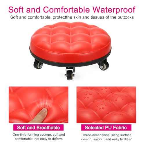 PATIKIL Low Roller Seat Wheel Stool Chair PU Leather Short Low Rolling Stool with Universal Wheel for Home Office Fitness (Red), 5.1" Height