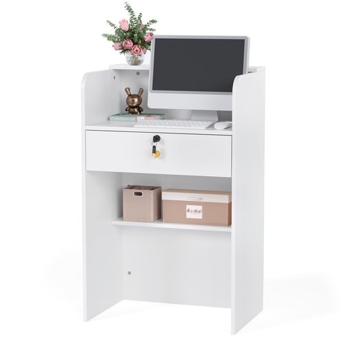 OmySalon Reception Desk with Counter, Small Front Desk w/Lockable Drawer, Wooden Modern Reception Table for Salon Lobby Office Home (White, 24)