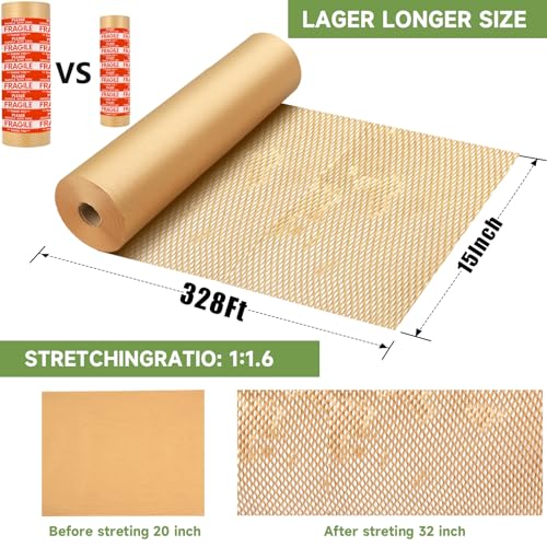 NAPALOOK Honeycomb Packing Paper Wrap 15''x328' Eco-Friendly Cushioning for Moving & Shipping, Includes 48 Fragile Stickers