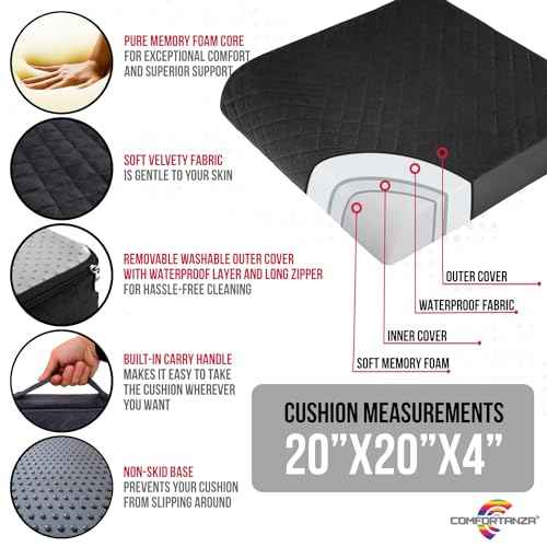 Medium-Soft 20x20x4 Memory Foam Recliner Chair Seat Cushion for Long Sitting - Armchair Pad with Washable Velvety Cover with Waterproof Layer & Non-Slip Base for Seniors & Elderly - Black
