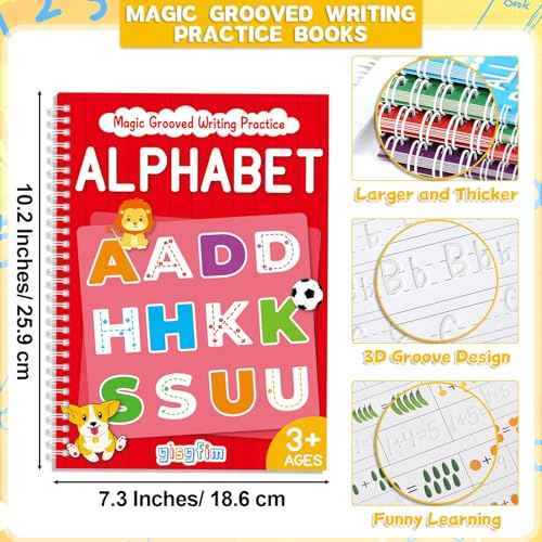 8 Pieces Magic Grooved Writing Practice Books Disappearing Ink Pens Reusable Groove Workbooks Tracing Handwriting Practice Without Tears for Kids Kindergarten Preschool Supplies,10.2 x 7.3inch