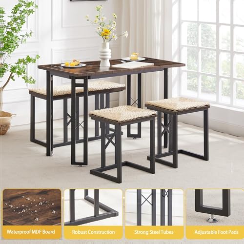 VECELO 43.3" Dining Table Sets, Farmhouse Kitchen Table for 4 with 3 Seats & Wicker Seat Cushions,Metal Frame Space-Saving Adjustable Feets Coffee Table for Home Kitchen Dining, Dark Brown