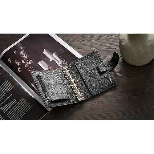 Leather A7 Binder Wallet, Refillable 6-Ring Pocket Size Ring Planner, Deluxe Planner Organizer with Planner Inserts and Exquisite Package (Black)