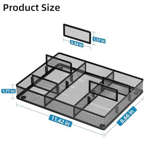 Marbrasse Desk Drawer Organizer, Metal Mesh Drawer Organizer Tray with 5 Adjustable Compartments,Desk Organizers and Accessories for Home,Office,Kitchen,Makeup,Vanity (Black)