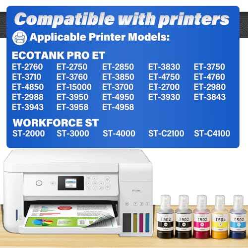 502 Ink Refill Bottles for Ecotank ET-2760 ET-4760 ET-2850 ET-3760 ET-3850 ET-4850 ET-2750 ET-4750 ET-3750 ET-3710 ET-3830 ET-15000 ET-3700 ET-2700 ET-2980 ET-2988 Printer 140ml 5 Bottles(2BK C M Y)