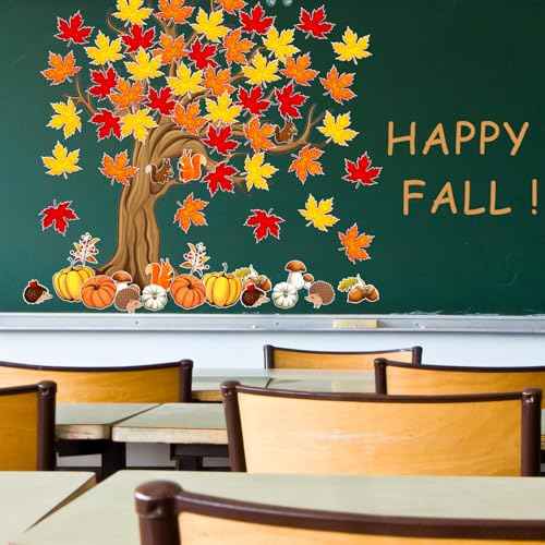 4FT Fall Bulletin Board Decorations Fall Classroom Tree Decorations Large Trees and Pumpkin Maple Leaf Animals Suitable for School Bulletin Boards and Autumn Decorations