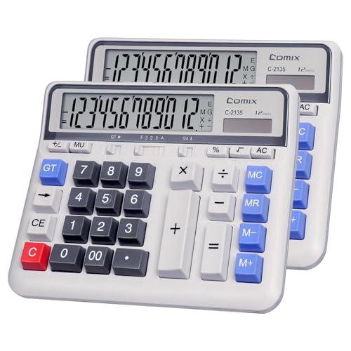 Comix Desktop Calculator Solar Battery Dual Power with 12-Digit Large LCD Display and Large Computer Keys Standard Function Calculator for Home Office School, White(2 Pack)