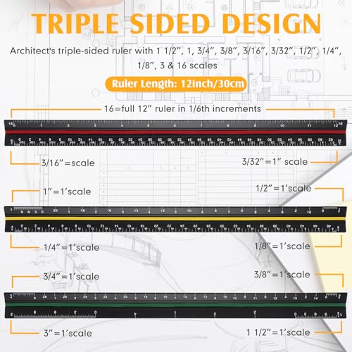 Macarrie 10 Pcs Architectural Scale Triangular Ruler 12" Architect Engineers Scale Ruler Set Aluminum Metal Ruler with Imperial Measurements for Architect Student Draftsman Engineer (3 Colors)