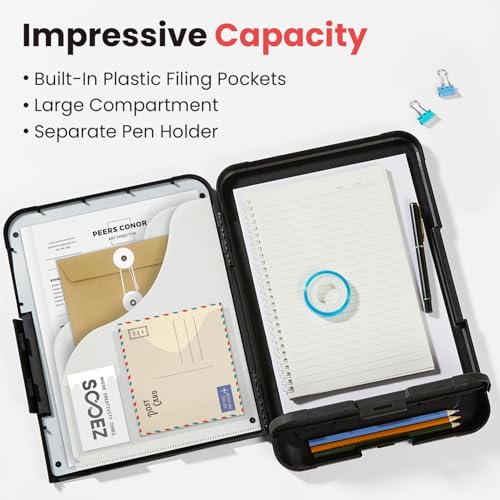 Black Reinforced Clipboard with Storage, Pen Holder & A4 Folder – Heavy Duty Office & Nursing Board 8.5x11