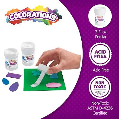 Colorations¢ç Tacky Craft Glue Classroom Pack Jars, Each with Built in Brush Applicator, Set of 12, Each 3oz, Thick & Strong Tacky Glue, Dries Clear, Use at School, Home, Office & Craft Projects