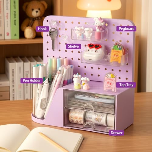 Purple Comix Desk Organizer with 2 Drawers & 360° Rotating Pen Holder