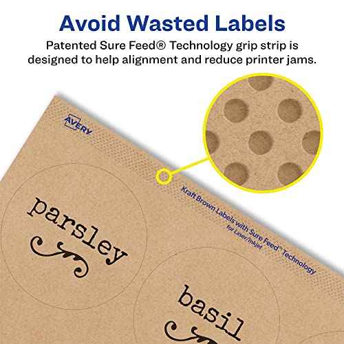 Avery Kraft Brown Round Labels, Sure Feed Technology, 3" Diameter, 300 Kraft Brown Labels, Print-to-The-Edge, Laser/Inkjet Printable